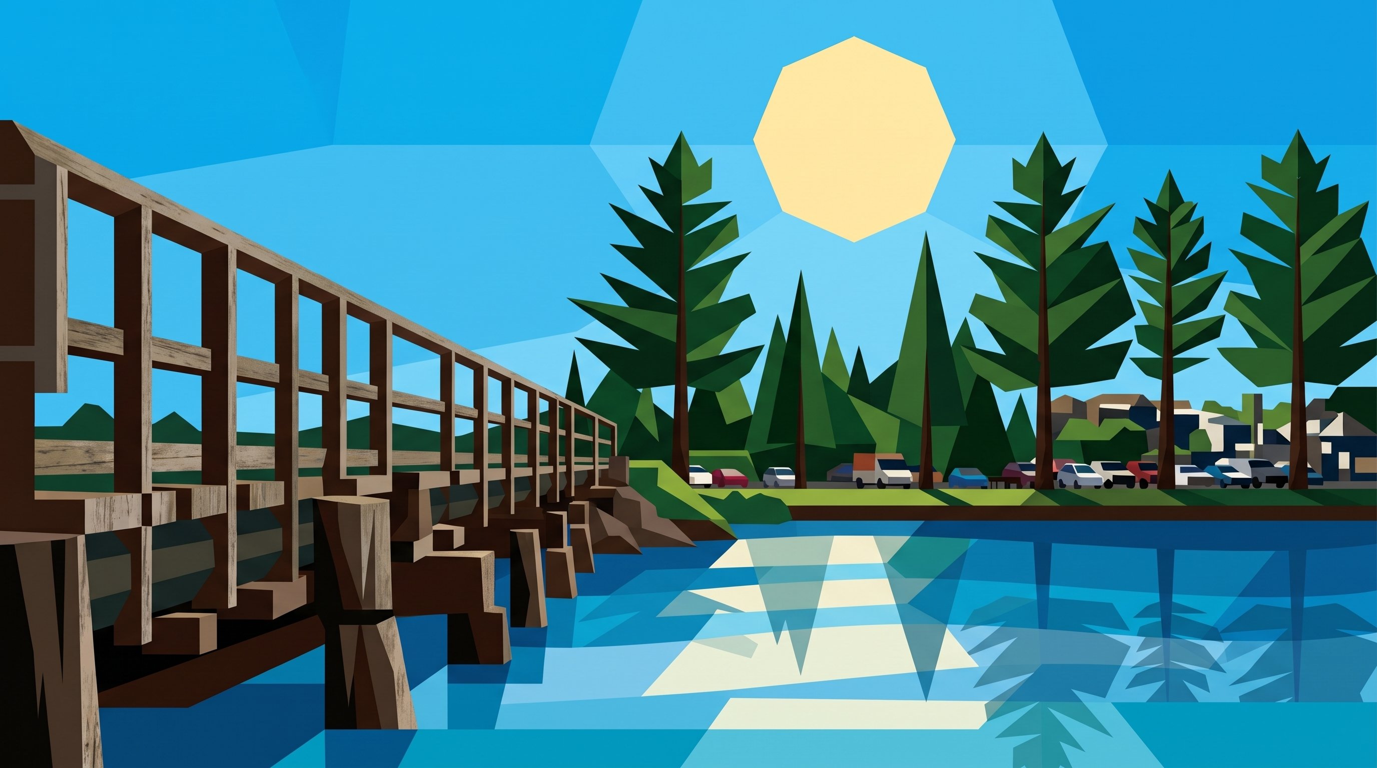 Illustration of the timber footbridge over the Brunswick River at Brunswick Heads on a sunny day, with tall pines along the riverbank