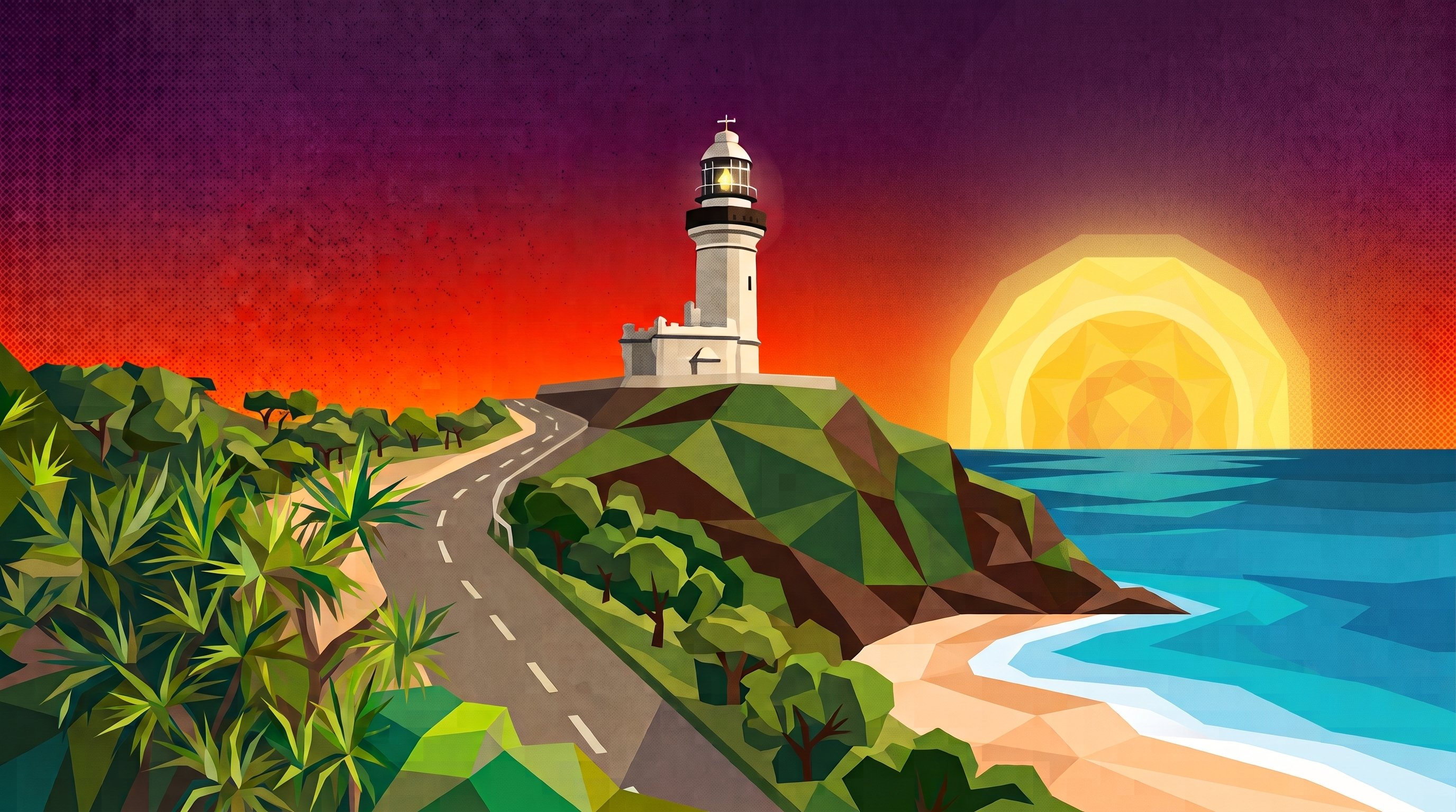 Illustration of the Cape Byron lighthouse on the headland at Byron Bay at sunset, with the road winding up to it and the beach and ocean below