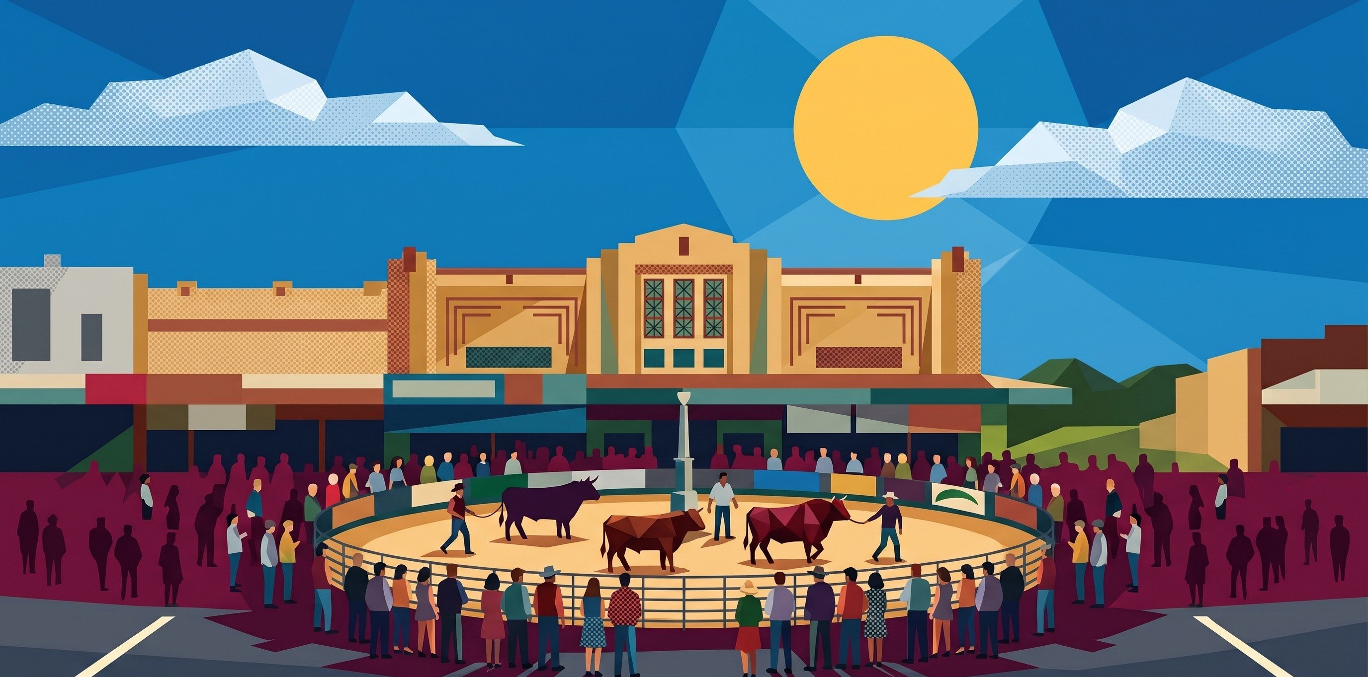 Illustration of cattle judging in a ring before a heritage building in Casino, the Beef Capital, with a crowd gathered on a sunny day
