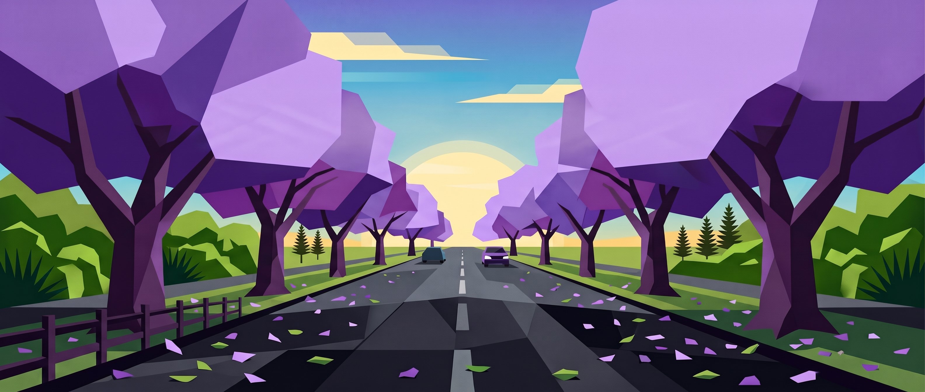 Illustration of a jacaranda-lined street in Grafton at sunrise, purple blossoms over the road in the Clarence Valley