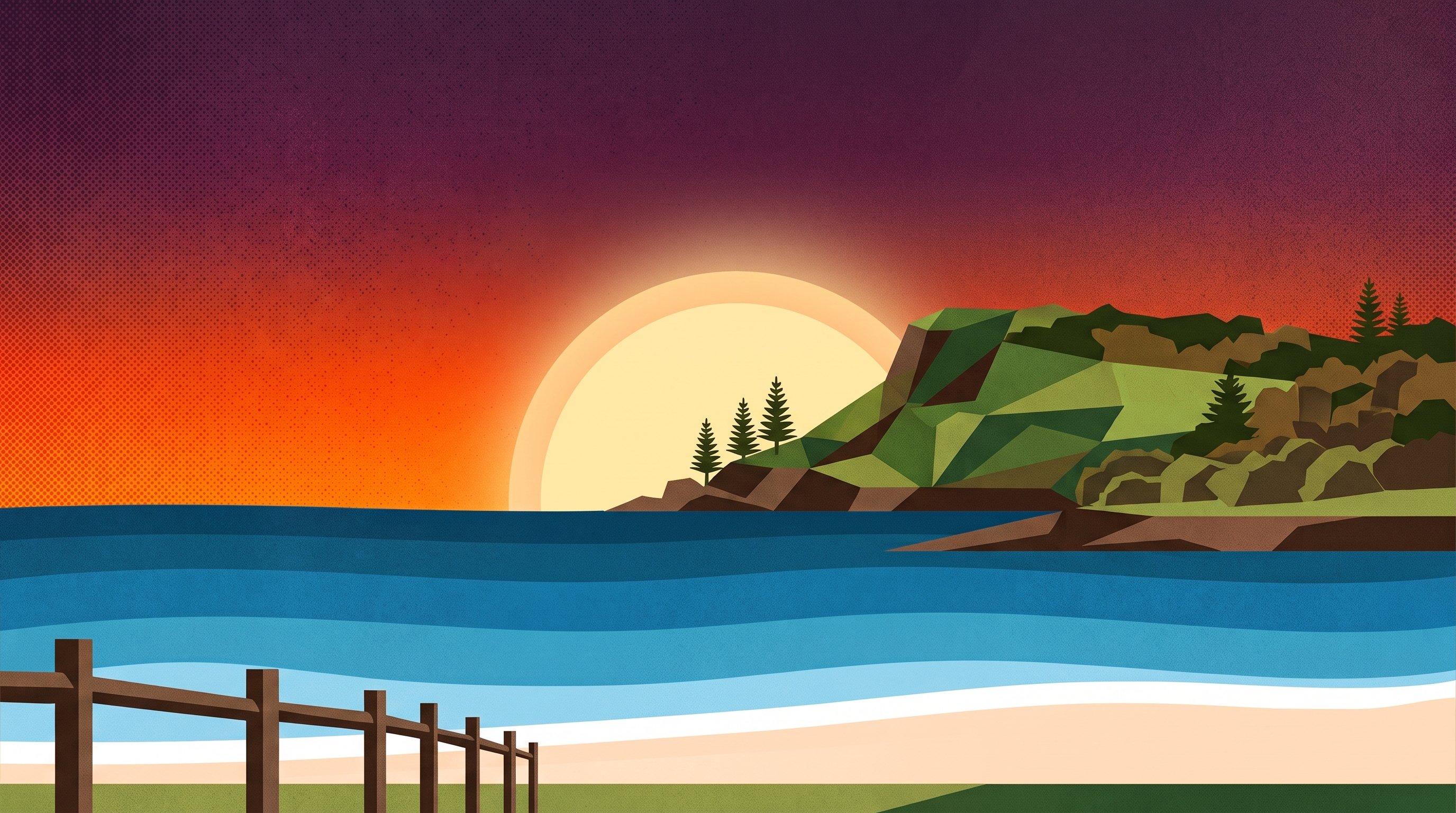 Illustration of Pat Morton headland and Seven Mile Beach at Lennox Head at sunset, with Norfolk pines and a beach-access fence