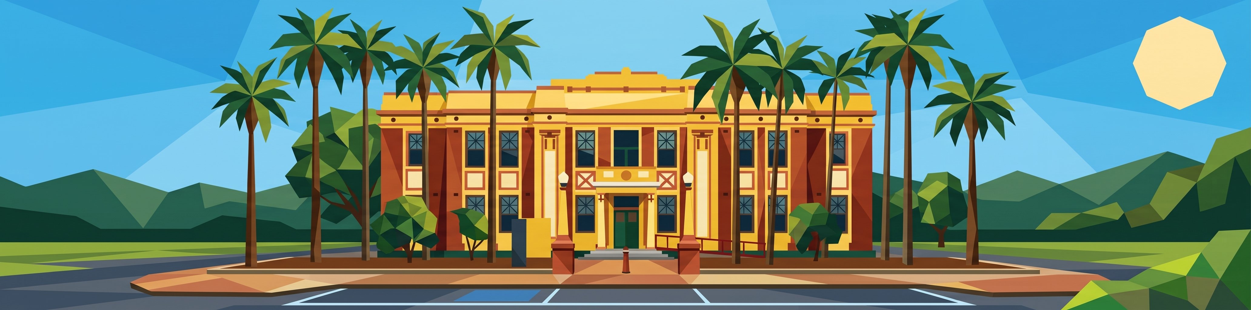 Illustration of a grand heritage building framed by tall palms in Lismore, with the hills of the Northern Rivers behind