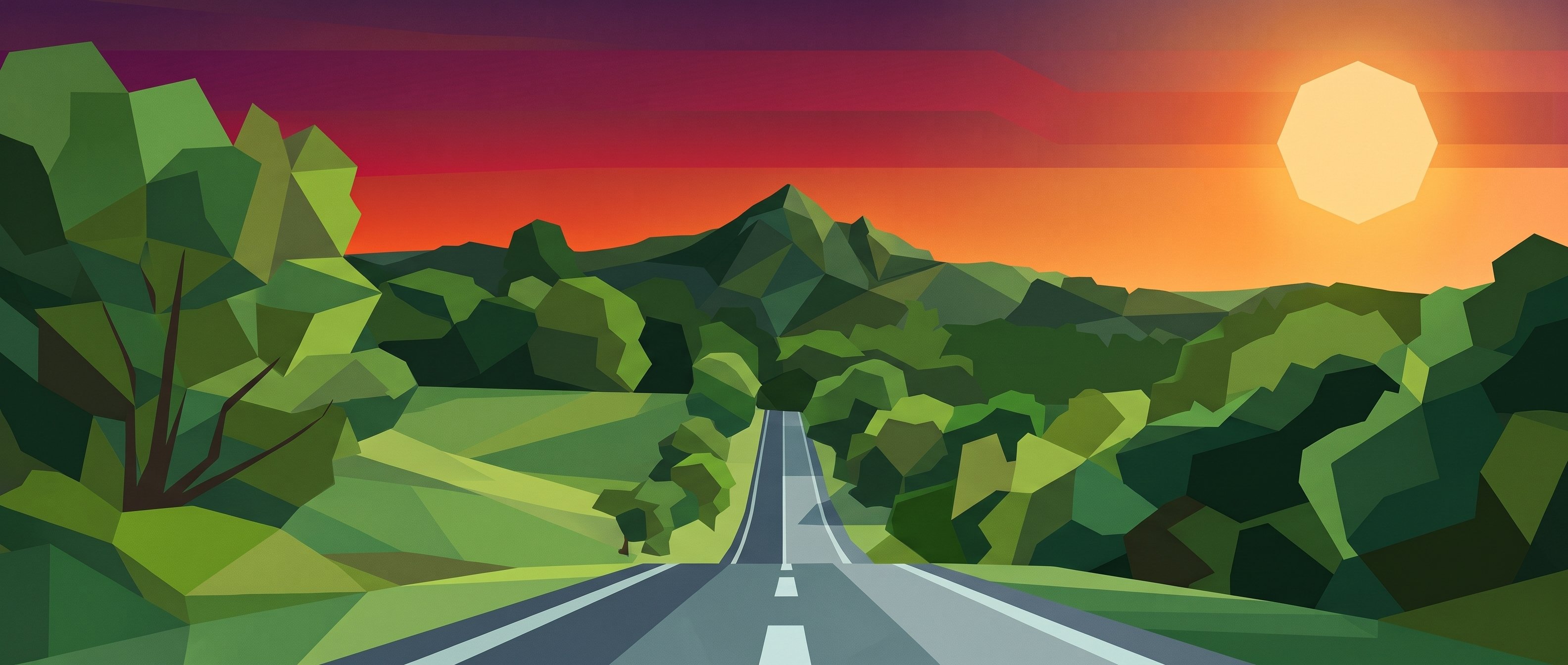 Illustration of Mullumbimby at sunset, a tree-lined country road leading toward Mount Chincogan in the Byron hinterland