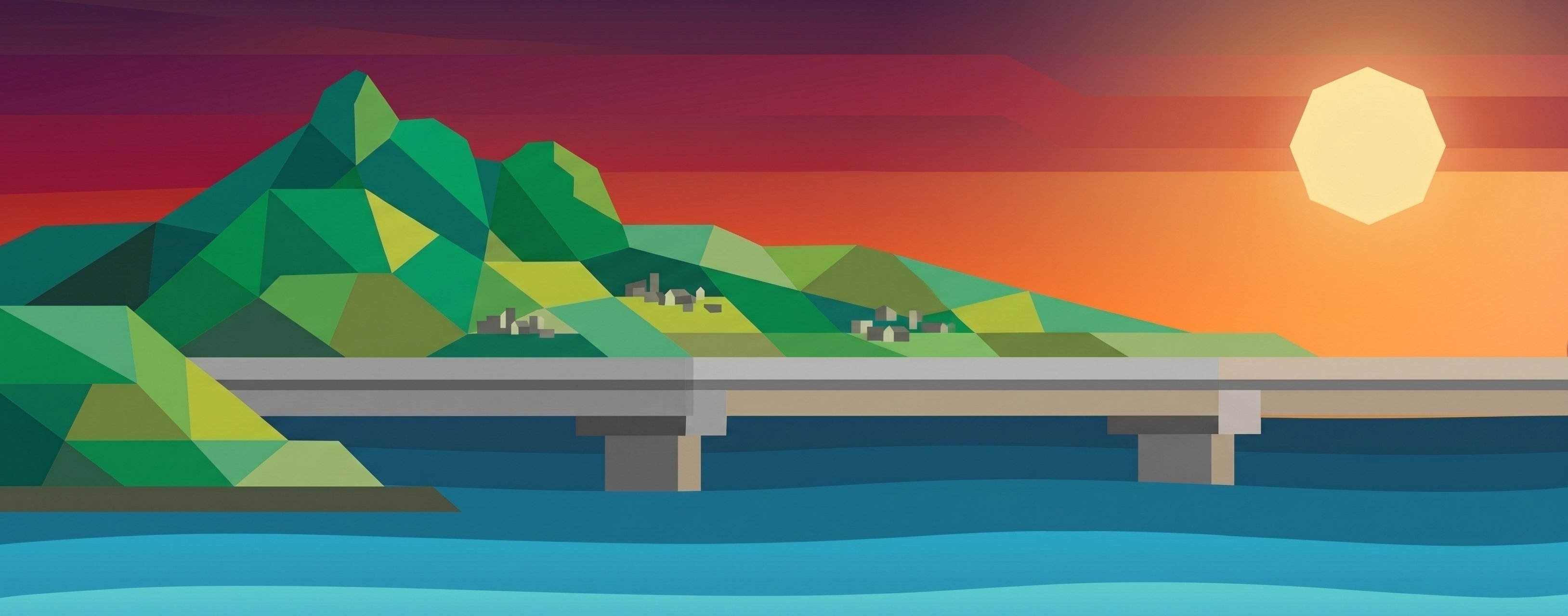 Illustration of Murwillumbah in the Tweed Valley at sunset, with Wollumbin and the green ranges above the town and a bridge over the Tweed River