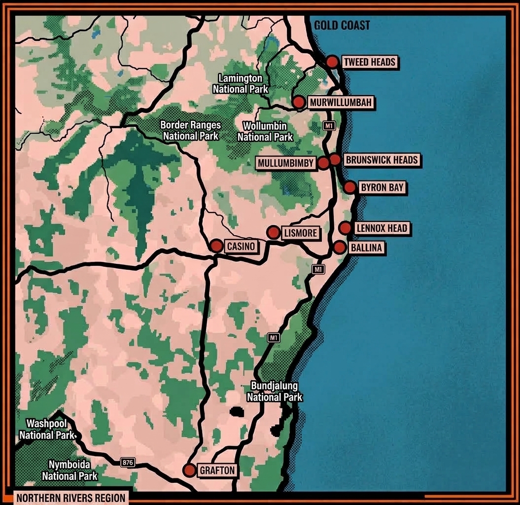 Map of the Northern Rivers showing the towns Chardon Home Loans serves: Tweed Heads, Murwillumbah, Brunswick Heads, Mullumbimby, Byron Bay, Lennox Head, Lismore, Casino, Ballina and Grafton.