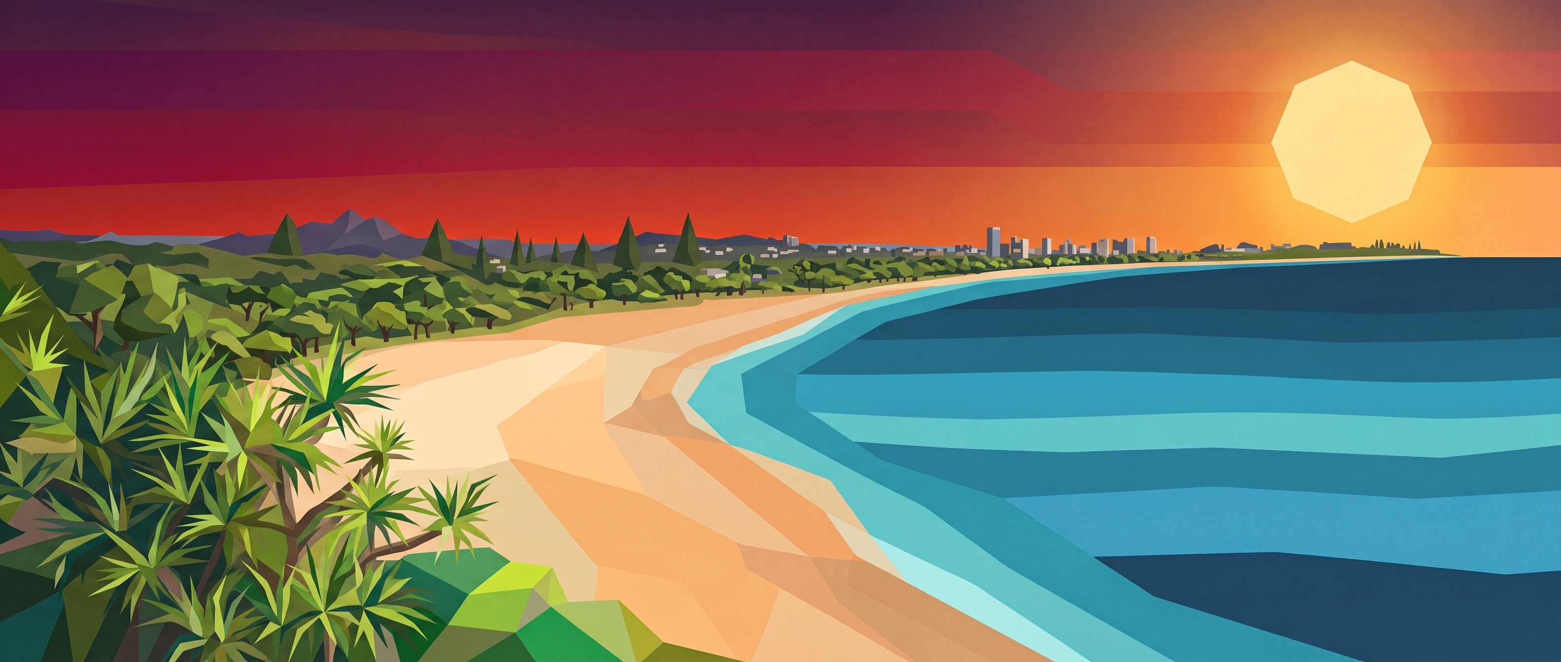 Illustration of Tweed Heads at sunset, a long beach curving north toward the Coolangatta skyline with pandanus in the foreground and the ocean on the right